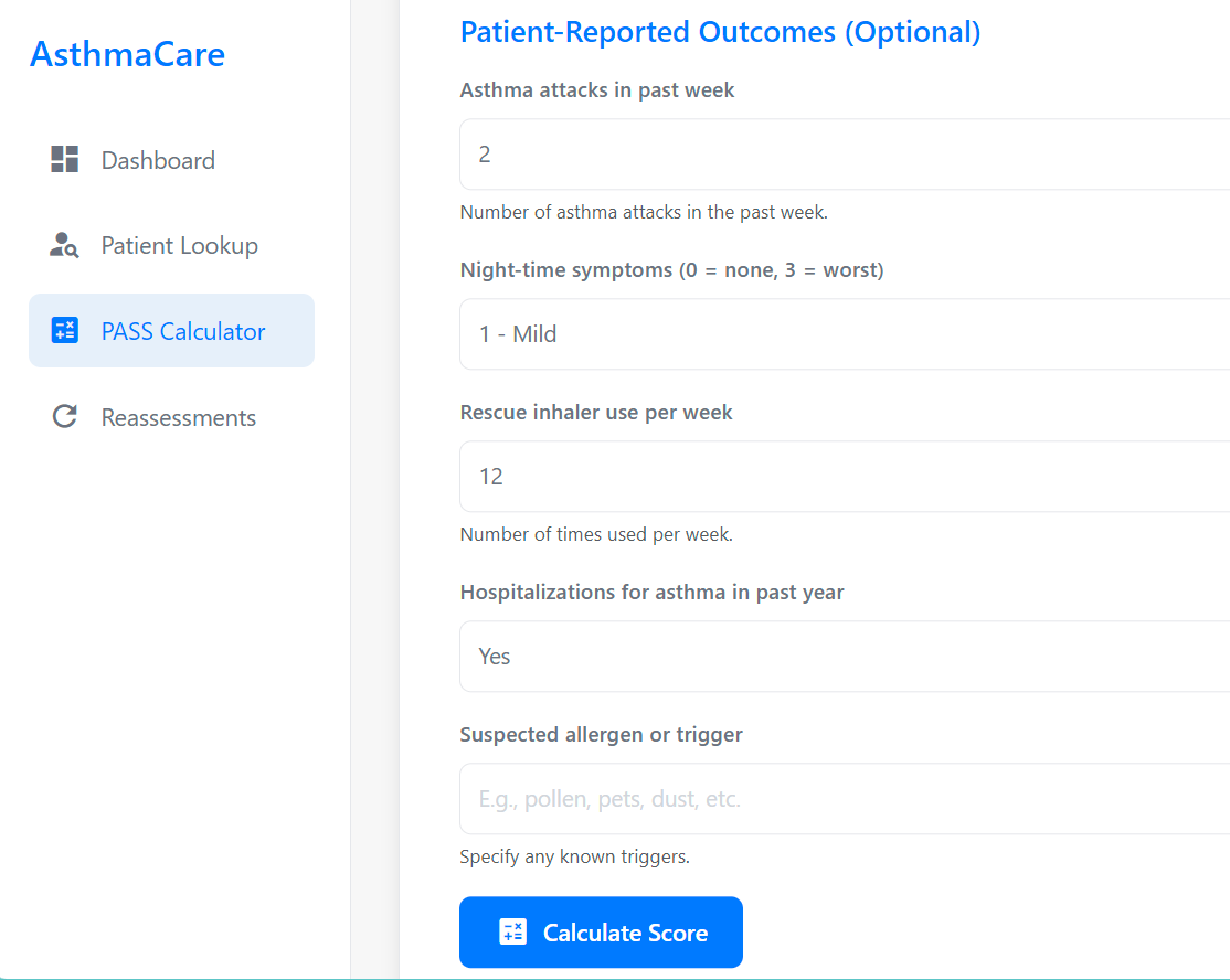 PASS Calculator - Patient-reported outcomes entry